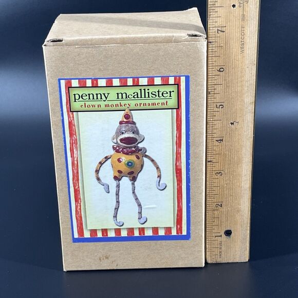 Penny McAllister Clown Sock Monkey Christmas Tree Ornament Yellow Red Polka Dots - Picture 13 of 14